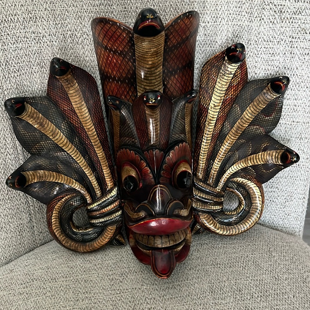 VTG hand carved wood SriLankan Naga Raksha mask King cobra snake Demon wall art
